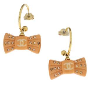 Chanel Bow Dangle Piercing Earrings Rhinestone